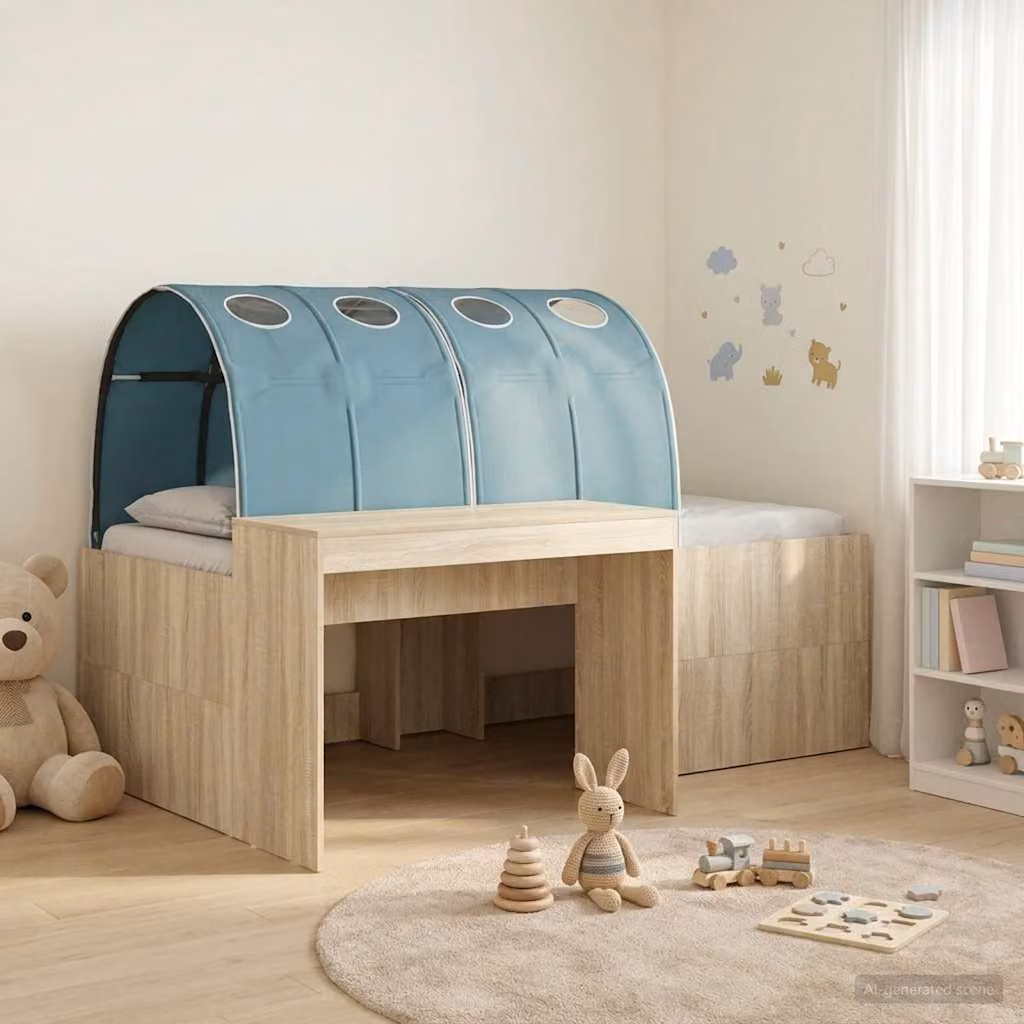 vidaXL Letto per bambini con struttura a casetta e tunnel, Rovere e Azzurro, L/P/H: 200 x 140 x 143,5 cm