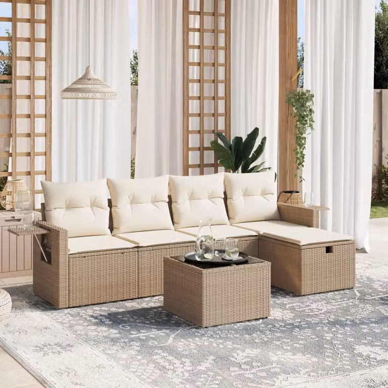 vidaXL Set Divano da Giardino a L 6 pz con Cuscini Beige e Tavolino in Vetro