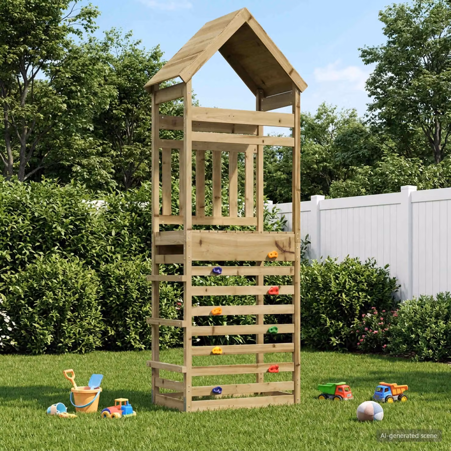 Torre da gioco per esterni vidaXL in legno marrone con scivolo e tettoia, L: 53 cm, P: 85 cm, H: 264 cm