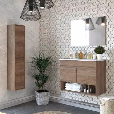Mobile bagno sospeso Inbagno serie Oasi in rovere con specchio e pensile L: 80 cm, P: 45 cm, H: 140 cm
