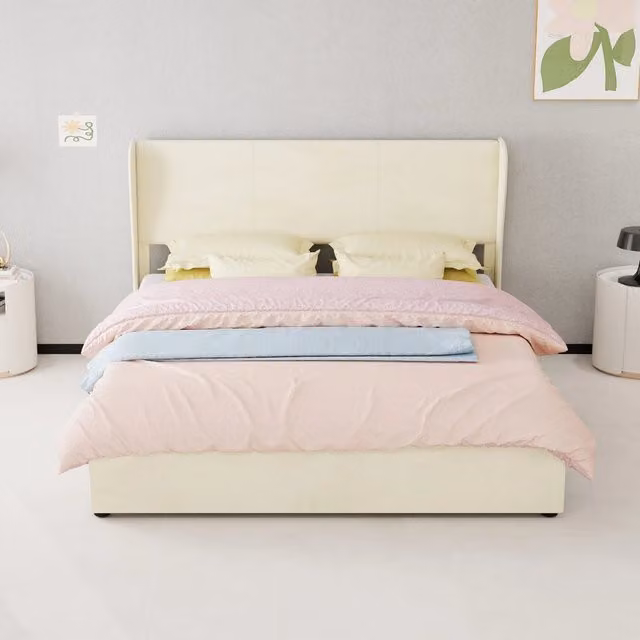 Letto 160 × 200 cm con testiera e pannello posteriore in velluto beige; materasso non incluso