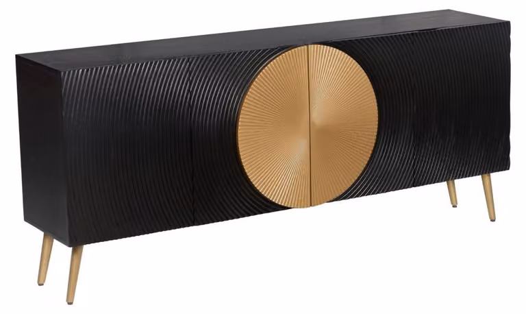 Credenza MIDORI, 177 cm – Legno di mango massello nero e dorato – 4 ante