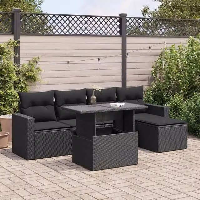 Set Divano da Giardino 6 pz con Cuscini Nero in Polyrattan 3326296