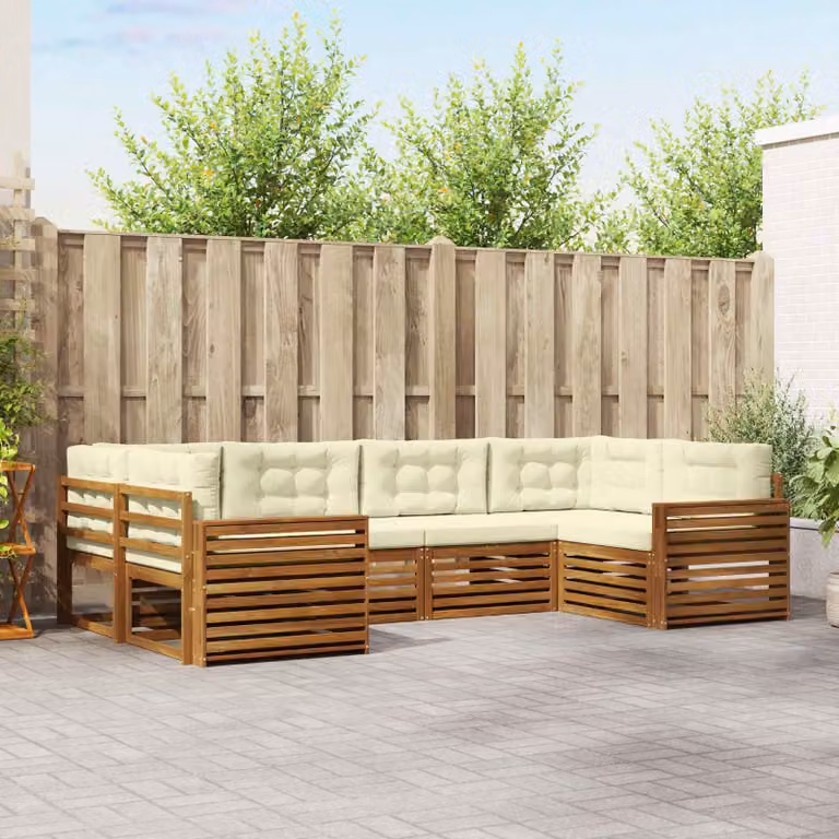 Set di divani da esterno vidaXL a forma di L in legno di acacia con cuscini, beige e bianco