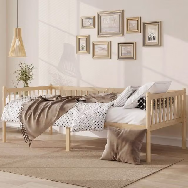 Letto singolo in legno di pino naturale con sponde su tre lati e rete a 14 listelli L/P/H: 200 x 90 x 120 cm