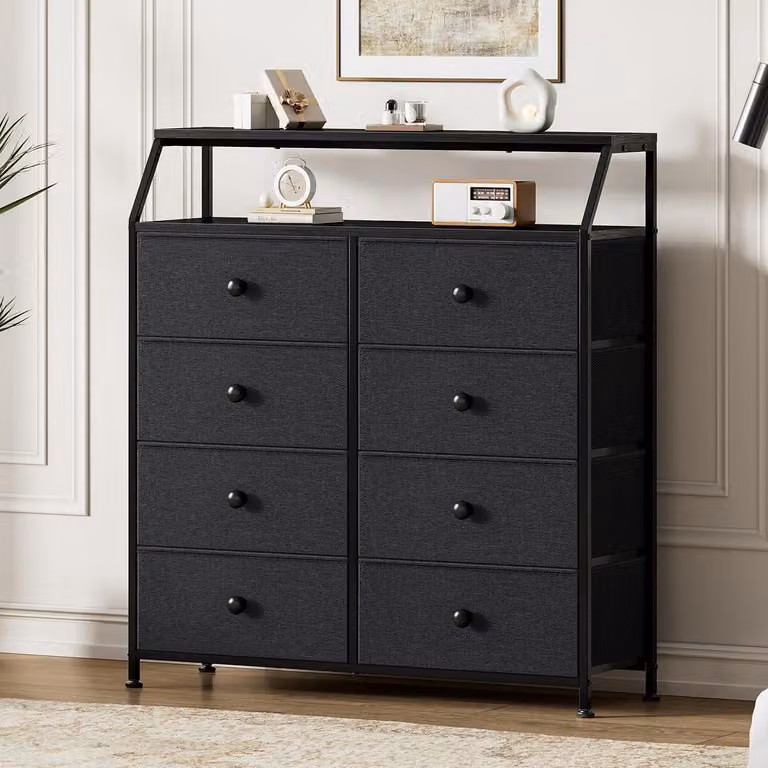 Comodino con 8 cassetti, nero, con ripiano e pannelli in legno, mobile contenitore
