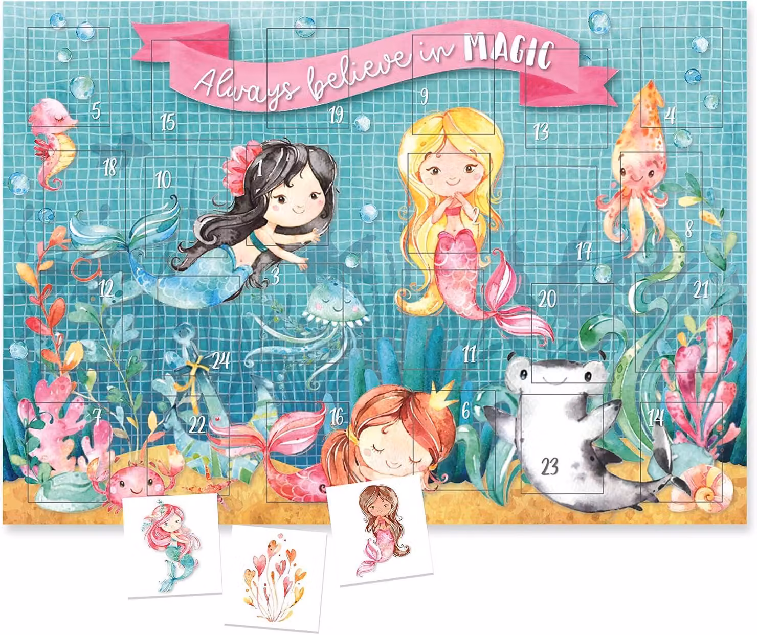 Calendario dell'Avvento 2025 - Sirena - Tatuaggi temporanei per bambini - Adesivi - Motivi adatti ai bambini - Calendario natalizio per bambini