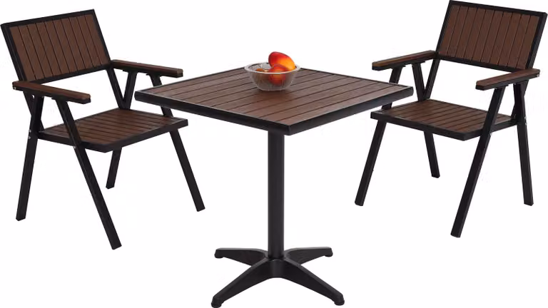 set di 2 sedie da giardino + tavolo da giardino HWC-J95, sedia tavolo, rivestimento in gastro per esterni, alluminio effetto legno ~ nero, marrone scuro
