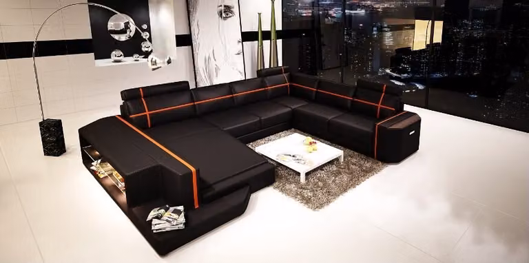 Ecksofa LED USB Ledersofa Modernes Sofa Couch U-Form Wohnlandschaft +Beleuchtung
