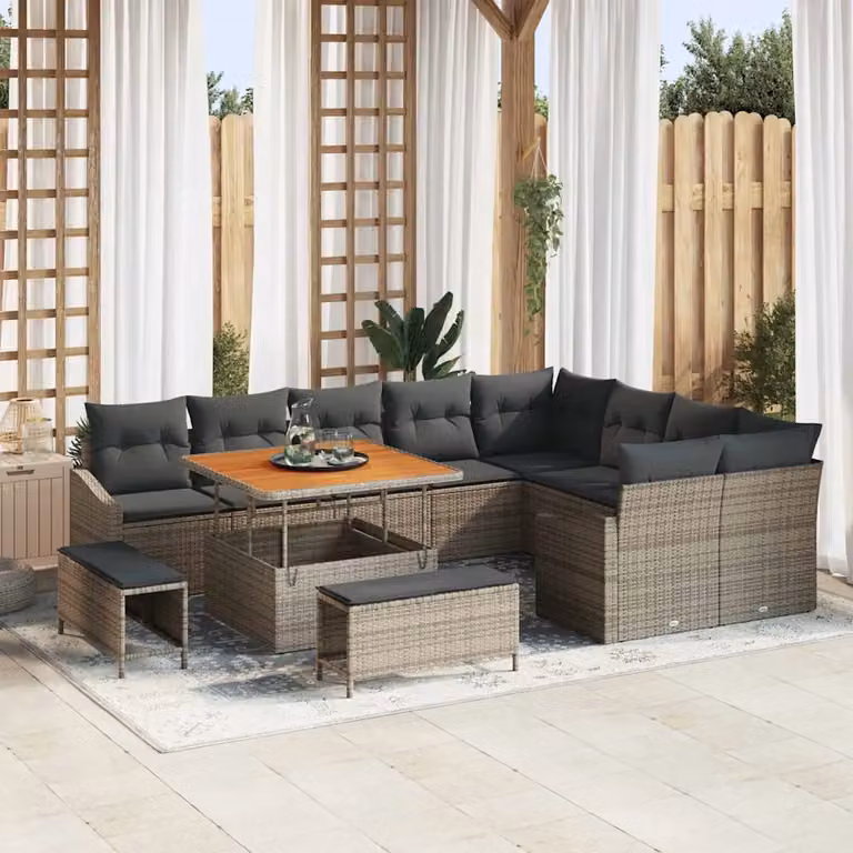 Set Divano da Giardino Moderno vidaXL 12 Pezzi con Cuscini Grigio e Tavolino in Polyrattan e Acciaio