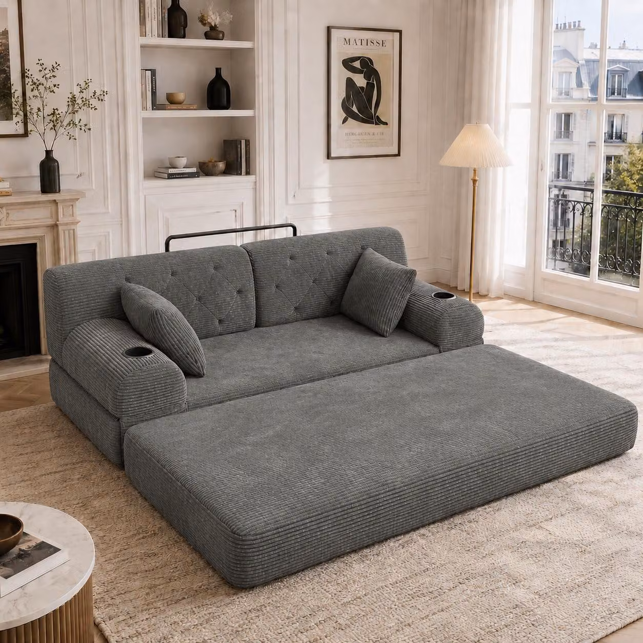DIVANO MODFU Multifunzionale, Divano angolare a 2 posti modello Cord con schienale alto, Divano relax con 4 tasche laterali e 2 portabicchieri, Divano letto compatto e chaise longue, Grigio scuro