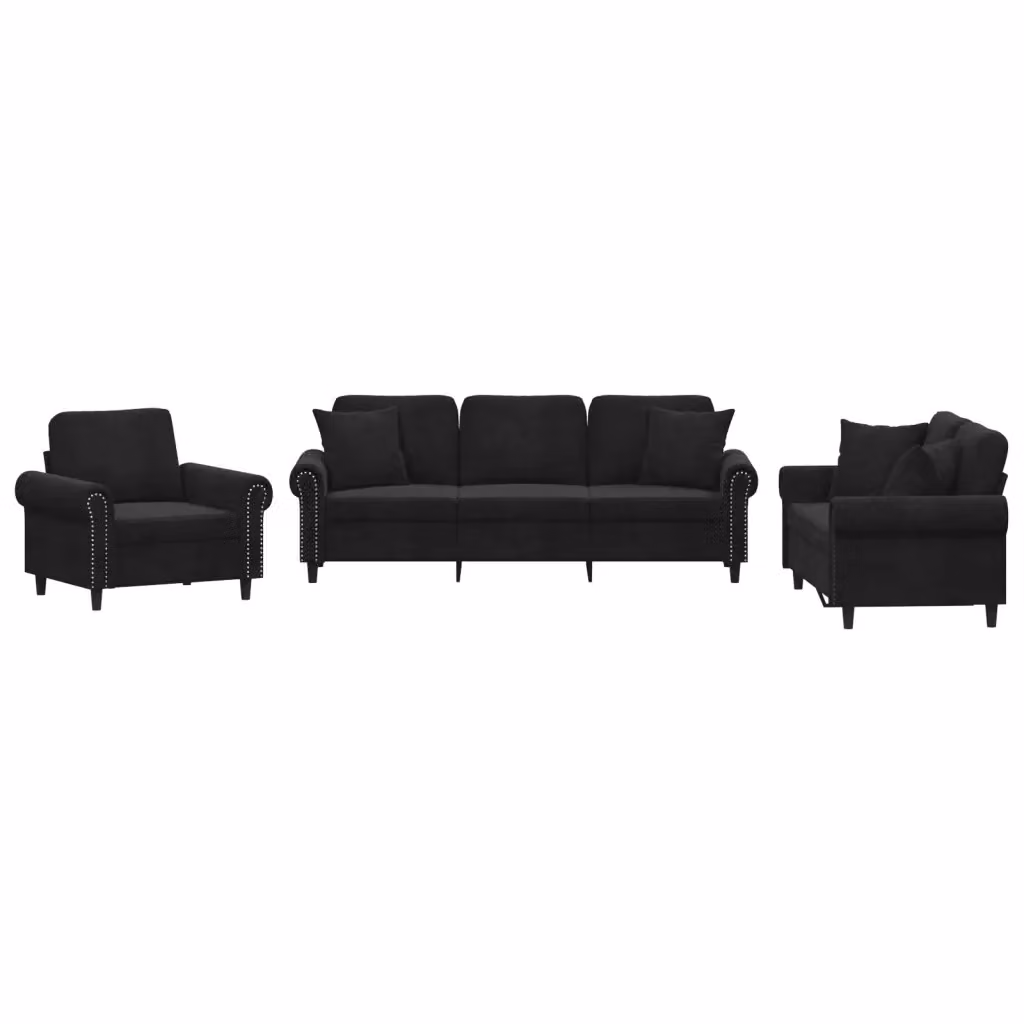 Set di divani 3 pezzi vidaXL in velluto nero con cuscini per soggiorno moderno – 2