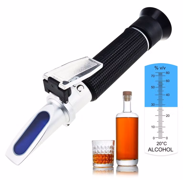 Rifrattometro per alcol, range 0-80%, con compensazione automatica della temperatura (ATC), lunghezza 20,5 cm