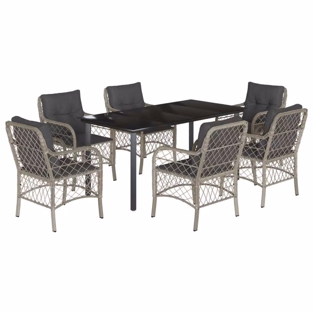 Set da Pranzo da Giardino 7 pz Cuscini Polyrattan Grigio Chiaro