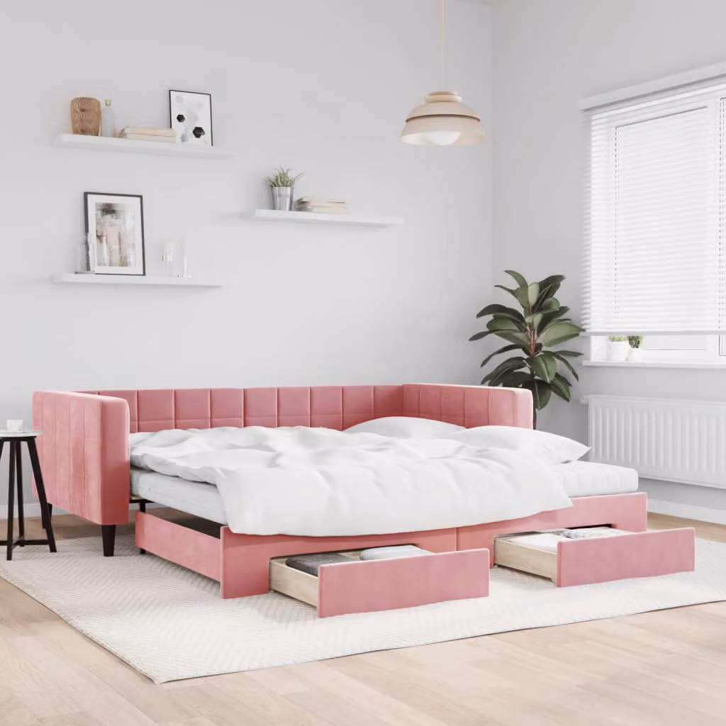 vidaXL Divano Letto Estraibile in Velluto Rosa con Cassetti, L/P/H: 223 x 100 x 68 cm
