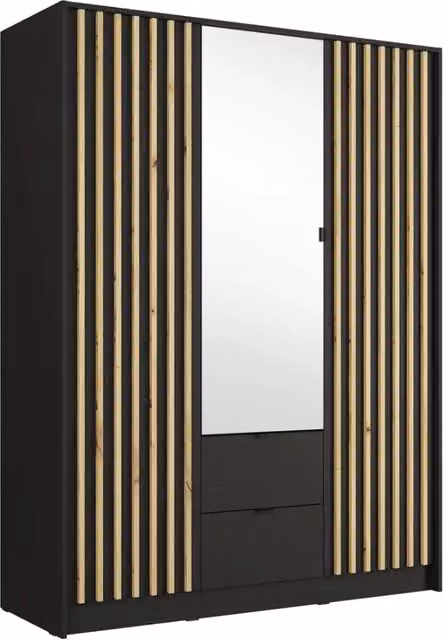 Armadio TORVIK 3 porte con specchio, cassetti e listelli nero e rovere 150 cm