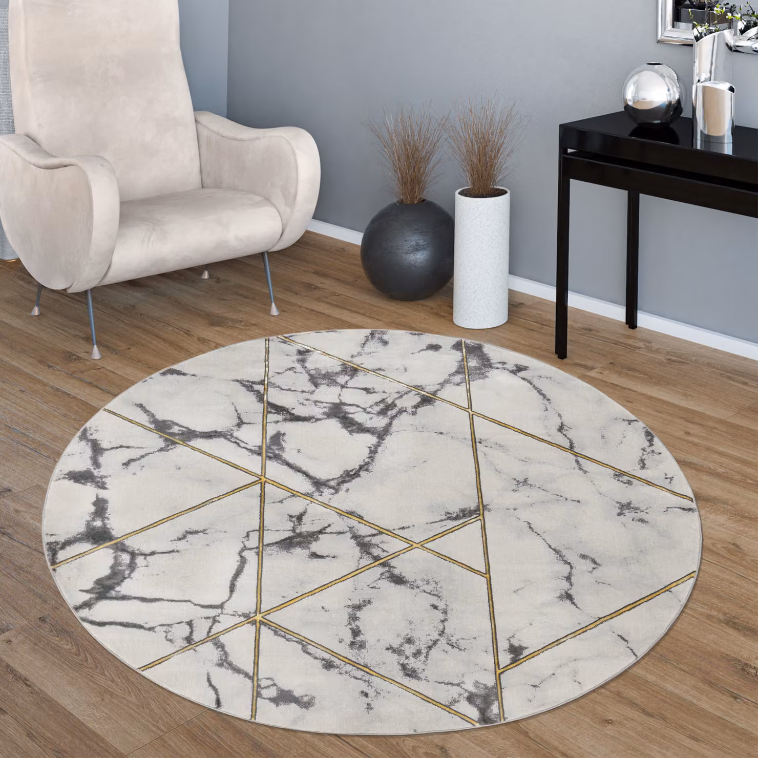 Tappeto rotondo Krevor giallo con design geometrico moderno in fibre sintetiche, Diametro: 120 cm – 2