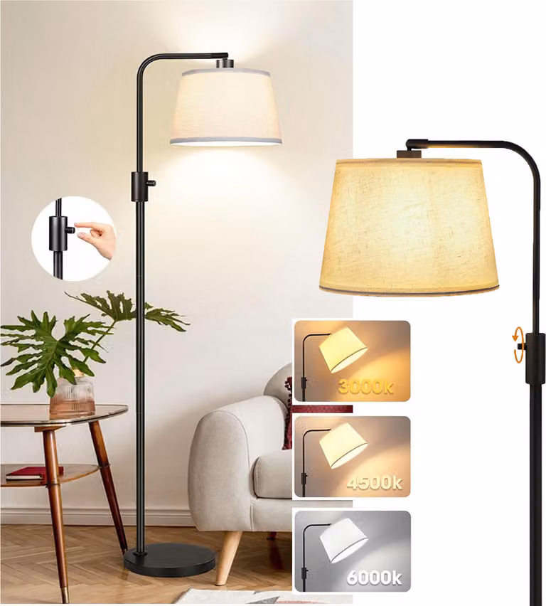 Lampade da terra a LED da 12 W. Lampada da terra in stile boho moderno con lampadina E27 e paralume in lino, 173 cm. Lampada da lettura con illuminazione dal basso verso l'alto e 3 tonalità di colore