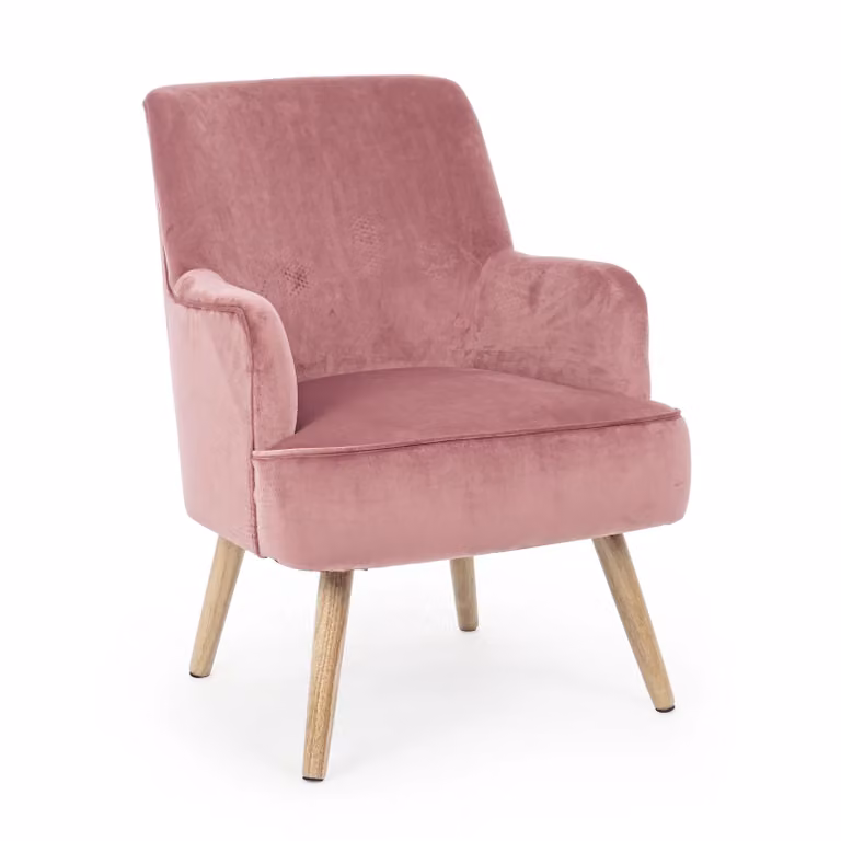 Poltrona ADELINE in tessuto effetto velluto rosa antik e legno