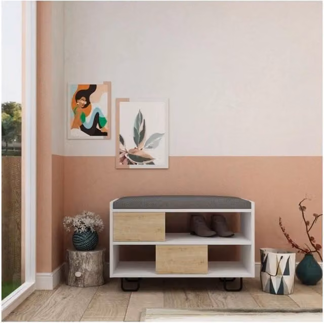 Panca scarpiera Troy con cuscino in tessuto, colore bianco e rovere, H: 90.0 cm, L: 83.5 cm, P: 35.5 cm – 1