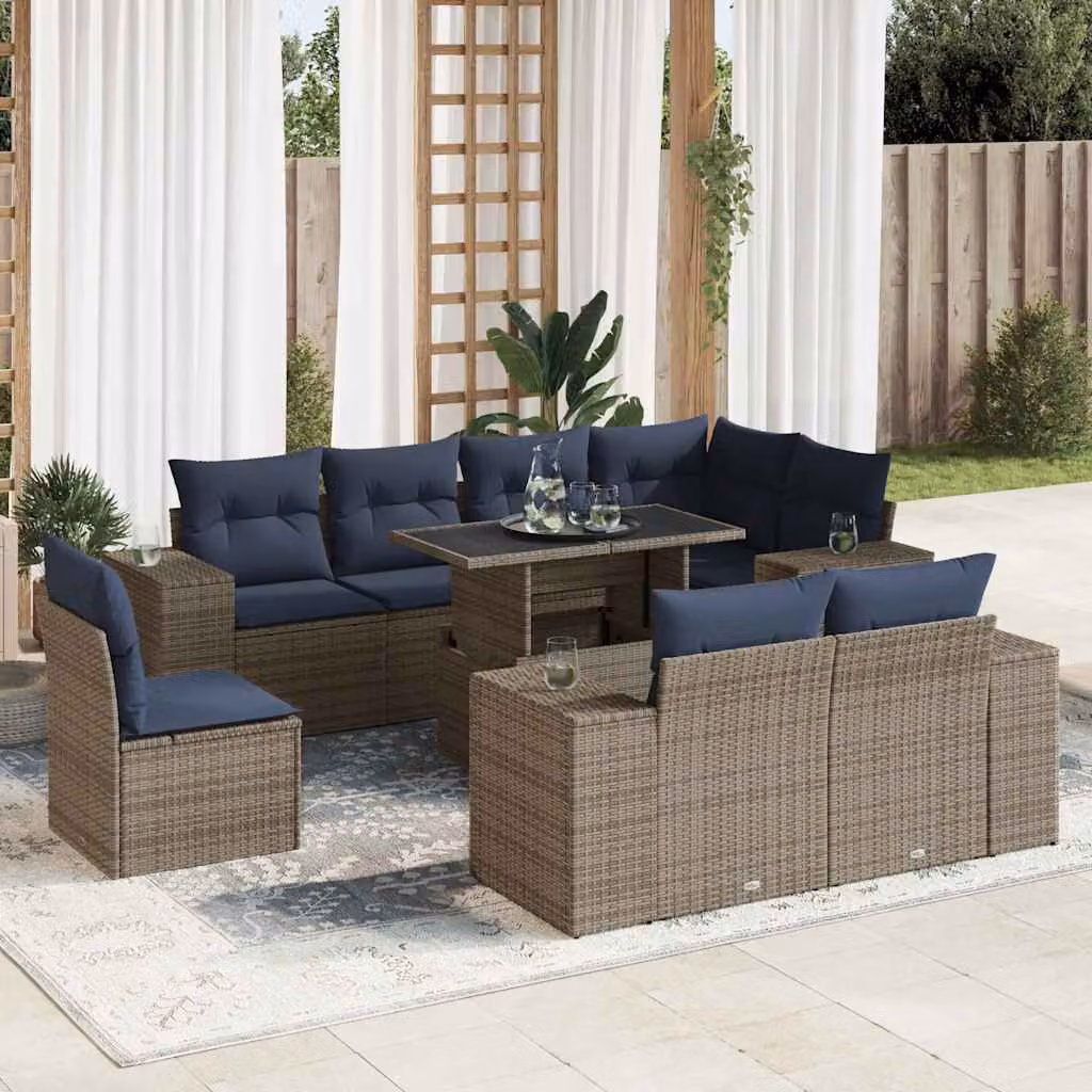 Set di divani da giardino vidaXL in polyrattan con cuscini e tavolino da esterno a forma di U, grigio