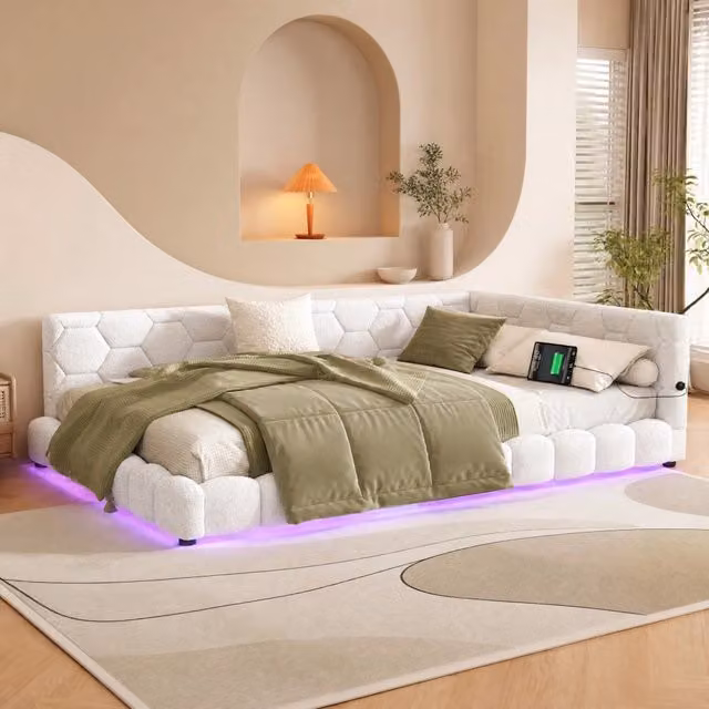 Divano letto daybed con rete a doghe 140x200 cm; LED; USB e Type-C; bianco