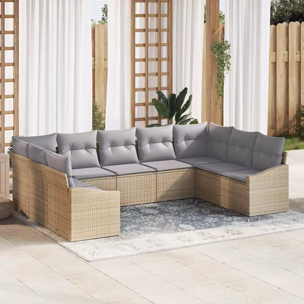 Set di divani da giardino vidaXL in polyrattan beige con cuscini e tavolino da esterno, 9 pezzi – 1