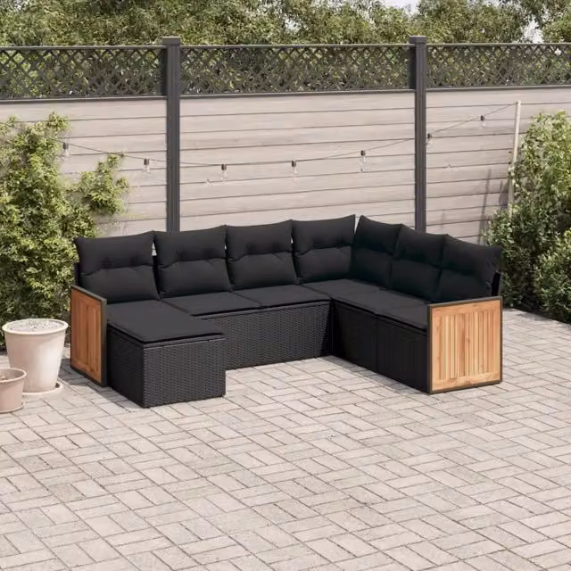Set da giardino moderno vidaXL composto da 7 pezzi in polyrattan nero con cuscini imbottiti e tavolino
