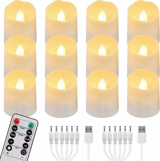Led theelichtjes ricaricabili - telecomando timer - fiamma calda bianca regolabile - candele elettriche con cavi USB - decorazione per Natale Halloween festa - 12 pezzi