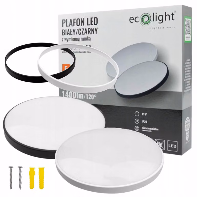 Plafoniera LED rotonda bianco-nera da 12 W, luce bianca neutra, 1400 lm, plastica, dimensioni: 5x25x25 cm, IP20, Ecolight