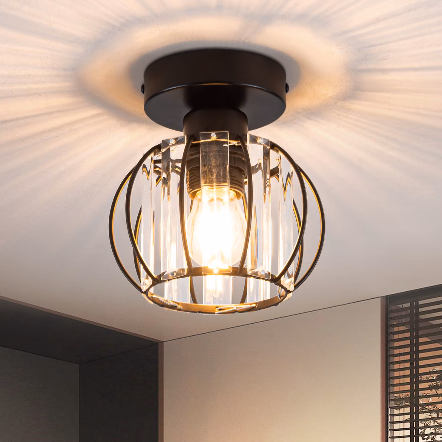 Lampada a soffitto ZMH, cristallo nero, design moderno, ideale per corridoi, cucine. Lampada da soffitto vintage con attacco E27, struttura in metallo, adatta per interni. (Senza lampadina)