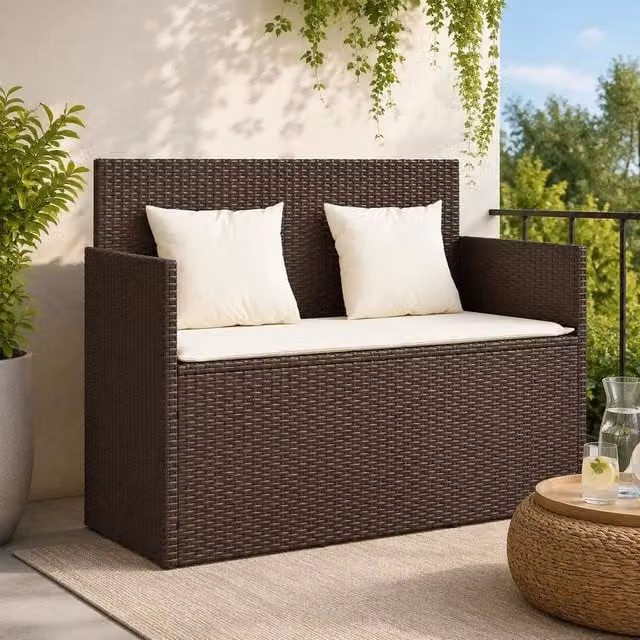 Garden Bench With Cushions, Brown Poly Rattan