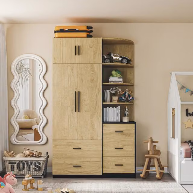 Armadio con appendiabiti, 5 cassetti, ripiani aperti e 2 ante per camera da letto, in MDF naturale e nero, 110 × 40 × 186 cm