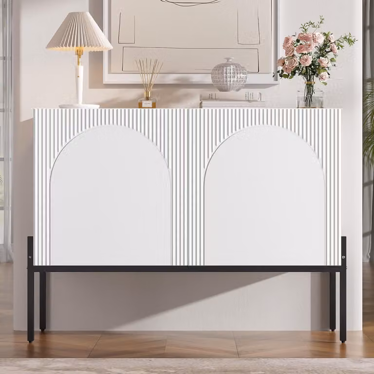 Mobile contenitore Flieks con 2 ante e gambe in metallo, modello contenitore con design dalle linee curve, buffet dimensioni 100x40x75 cm, colore bianco