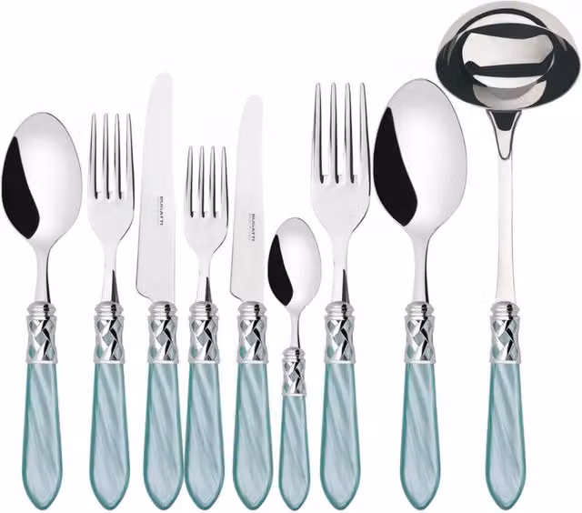Set di posate ALADDIN da 75 pezzi in acciaio inossidabile con ghiera cromata e scatola in legno Wengè, colore verde acqua