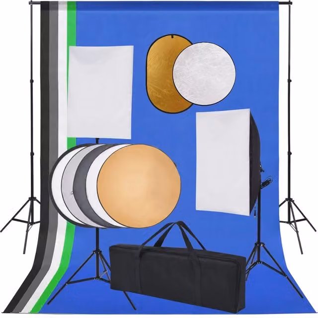 Kit professionale per studio fotografico con softbox rettangolare, 5 fondali colorati e riflettore su treppiede regolabile in altezza