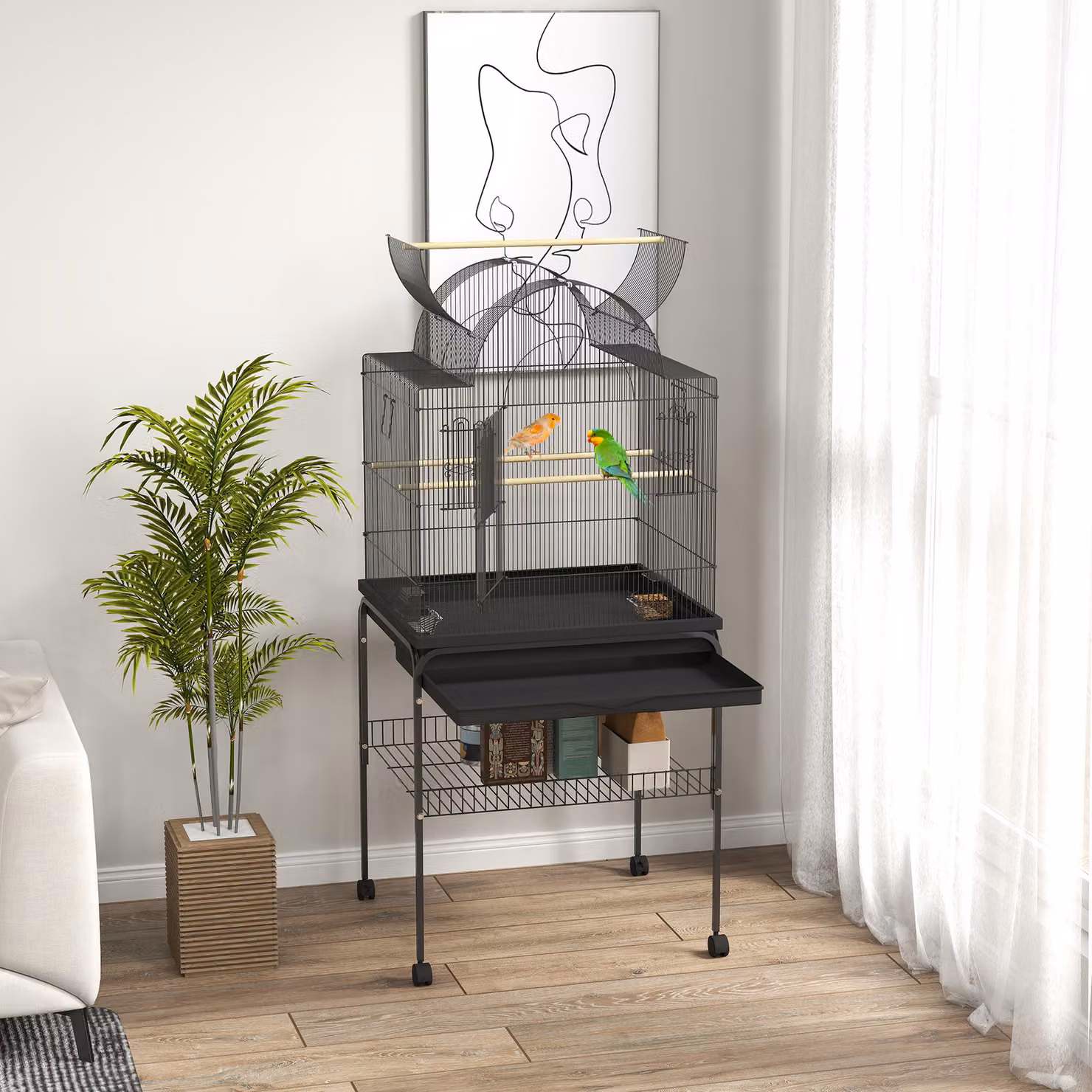 Gabbia mobile PawHut per canarini e cocorite con ripiano inferiore e rete metallica, Nero – 2