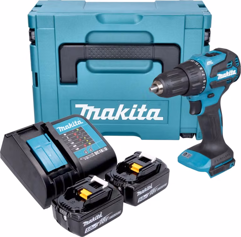 Makita DHP 490 STJ Trapano avvitatore a percussione a batteria 18 V 65 Nm Brushless + 2x batteria 5,0 Ah + caricabatteria + Makpac