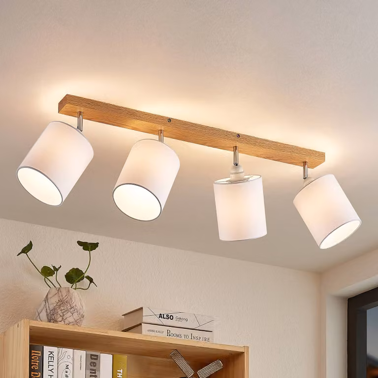 Faretto da soffitto Lindby Imarin, 81 cm, bianco, a 4 luci, legno Imarin Lindby, dimmerabile, Legno chiaro, Soggiorno / Sala da pranzo, Legno, Scandinavo, Faretto