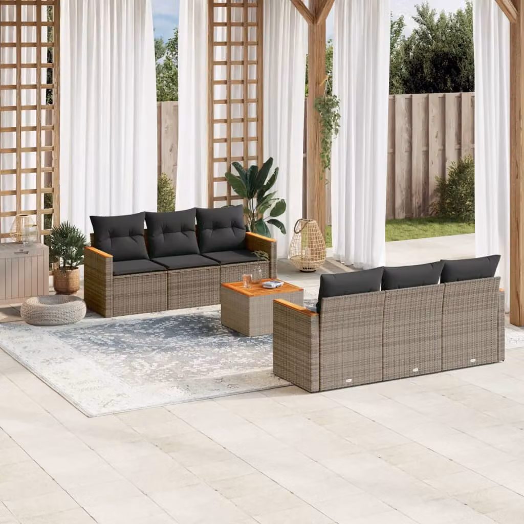 Set di divani da giardino vidaXL in polyrattan grigio con 7 pezzi e cuscini inclusi – 1