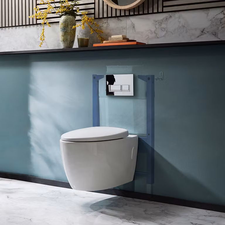 Sanitario WC Sospeso Senza Brida con Telaio Corto - Placca di Comando Rettangolare Bianca/Cromata - Kenton