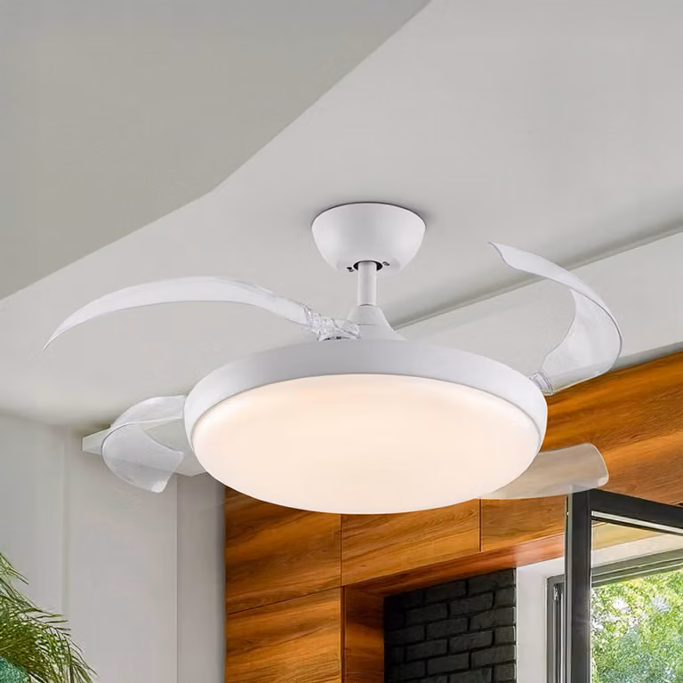 Schuller Valencia Ventilatore da soffitto LED Venturi bianco/trasparente DC, Ø 106 cm silenzioso Venturi, dimmerabile, Chiaro / Trasparente, Soggiorno / Sala da pranzo, Metallo, Moderno