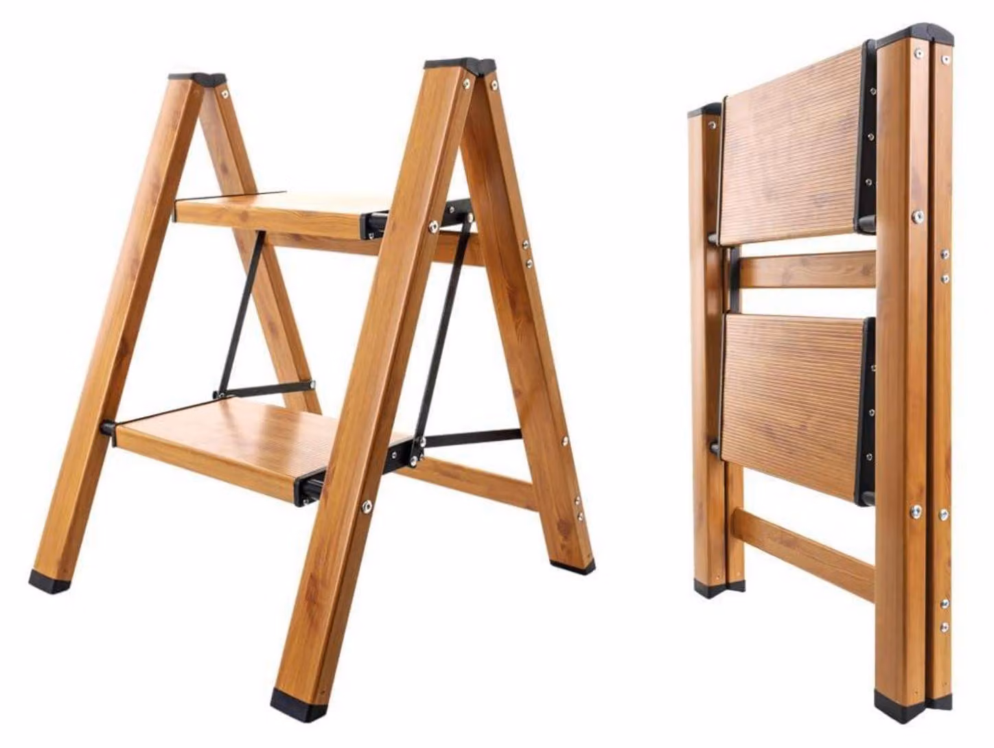 Scala a due gradini pieghevole, realizzata in alluminio, con pedale antiscivolo, capacità di carico di 150 kg, finitura effetto legno e nero