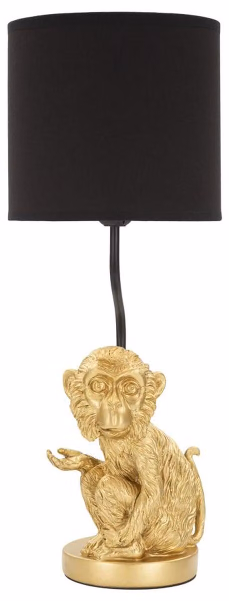 Lampada da tavolo Scimmia Seduta in resina dorata con paralume in tessuto nero