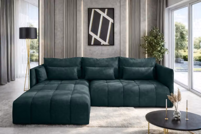 AX LIVING Divano ad angolo verde con funzione letto e contenitore Cosmova 248 cm