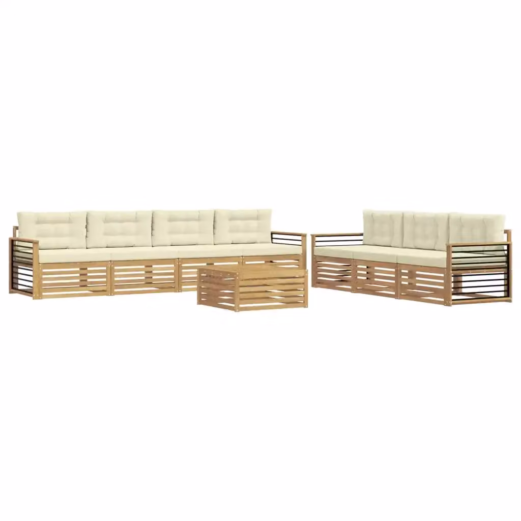 Set di mobili da giardino vidaXL a forma di U composto da 8 pezzi con divano a 3 posti, poltrone, tavolino da caffè e cuscini in tessuto bianco e beige con struttura in legno di acacia – 2