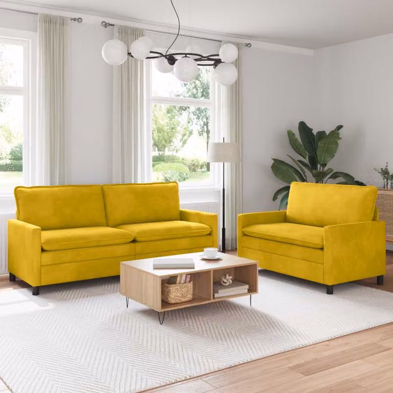 Set di 2 divani moderni vidaXL in velluto giallo e nero con struttura in metallo e cuscini inclusi per il tuo soggiorno