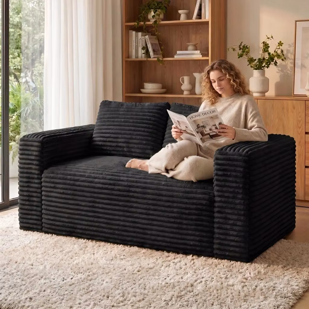 Divano a 2 posti WISHDOR in tessuto corduroy nero con schiuma ad alta densità e design minimalista – 2