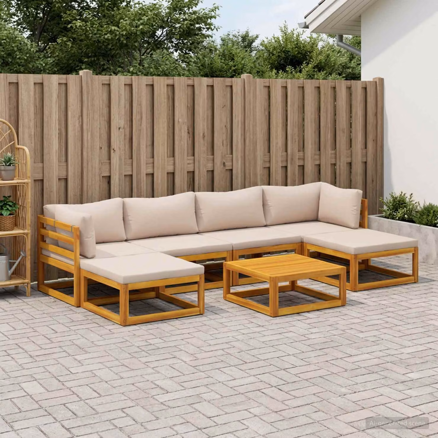 Set di divani da giardino vidaXL in legno di acacia massello con 7 pezzi, colore marrone e beige, con elementi angolari, tavolino e pouf inclusi