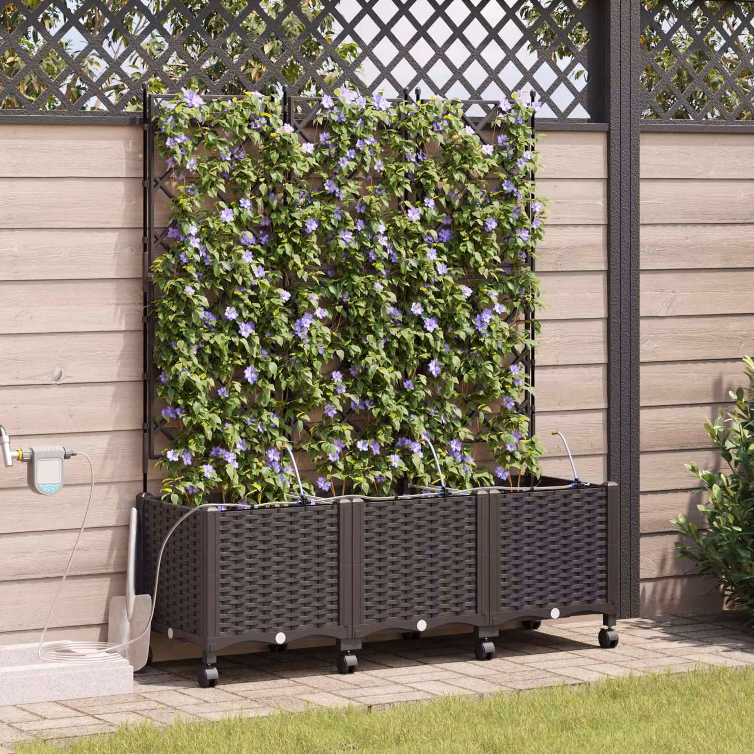 Set di 3 vasi da giardino con irrigazione e ruote vidaXL, colore marrone, in plastica